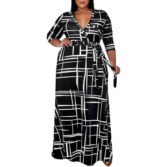 Dresses & Skirts - Women's 01-black Polyester Blend Floral 3/4 Sleeve with Belt Elegant Maxi
